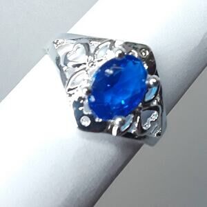 Size 8 1/2 - Sterling Silver .925  & CZ Blue Sapphire Ring-